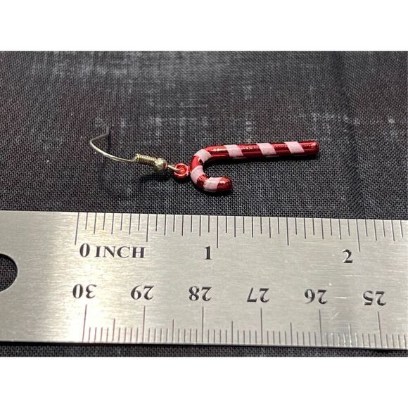 Candy Cane Christmas Inspired Silver in Color Fish Hook Stud Earrings - Picture 2 of 3